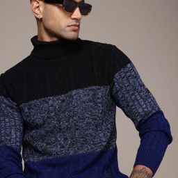 Men Self Design Turtle Neck Black, Blue, Grey Sweater-41