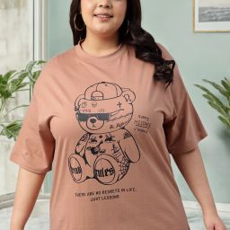 Plus Size Women Printed Round Neck Pure Cotton Brown T-Shirt-image-4
