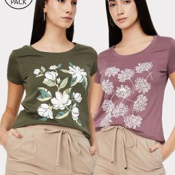 Pack of 2 Women Printed Round Neck Pure Cotton Multicolor T-Shirt-image-14