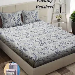 Arrabi Cream-Coloured & Blue Floral 300 TC King Bedsheet with 2 Pillow Covers-89