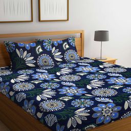 Arrabi Blue Floral 300 TC Cotton Blend King Size Fitted Bedsheet with 2 Pillow Covers-picture-27