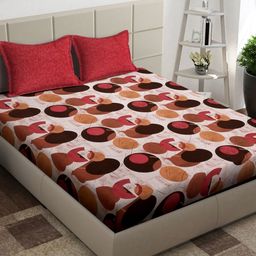 Arrabi Brown & Pink Geometric Printed 300 TC Super King Bedsheet With 2 Pillow Covers-13