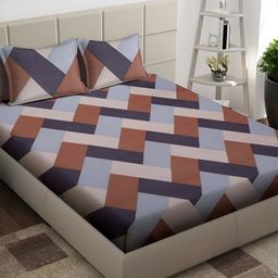 Arrabi Blue & Brown Geometric 300 TC King Bedsheet with 2 Pillow Covers-image-80