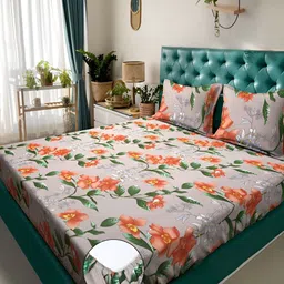 KLOTTHE Beige & Green Floral Fitted 300TC Double King Bedsheet With 2 Pillow Covers-image-16