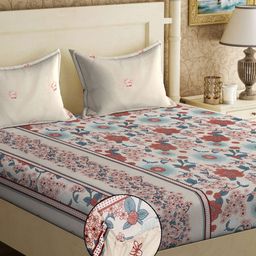KLOTTHE Pink & White Floral Printed 300TC Fitted King Bedsheet With 2 Pillow Covers-image-24