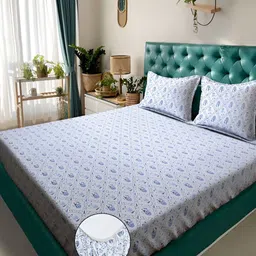 KLOTTHE White Floral Fitted 300TC Double King Bedsheet With 2 Pillow Covers-image-39