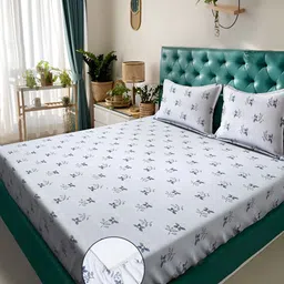 KLOTTHE White Floral Fitted 300TC Double King Bedsheet With 2 Pillow Covers-image-70