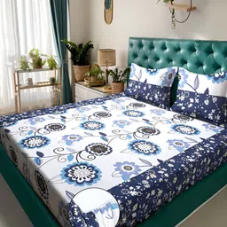 KLOTTHE White & Blue Floral Fitted 300TC Double King Bedsheet With 2 Pillow Covers-image-91