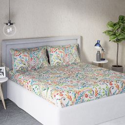 DDecor White & Turquoise Blue Motifs 140 TC Cotton Queen Bedsheet with 2 Pillow Covers-18