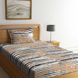 KLOTTHE Brown & White Printed 300 TC Single Bedsheet & 1 Pillow Cover-image-68