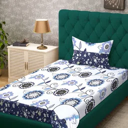 KLOTTHE White & Blue Floral Printed 300 TC Fitted Single Bedsheet With 1 Pillow Cover-8