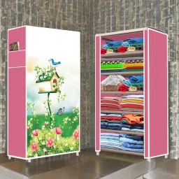 6 Tire House Tree Pink Printed PVC Collapsible Wardrobe-image-31