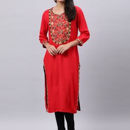 Souchii Women Red Yoke Design Thread Work Grandeur & Majestic Artwork Kurta-image-8