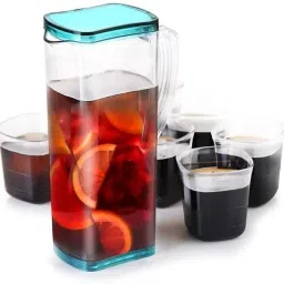 Jug 2000 ML Water SQUER Plastic UNBRACBLE Heavy Plastic JUG with 6 PCS Glass Set Jug Glass Set-image-42