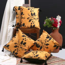 hosta homes Yellow Floral Velvet 16 x 16 Inches Cushion Covers with Tassels (Set of 5)-picture-44