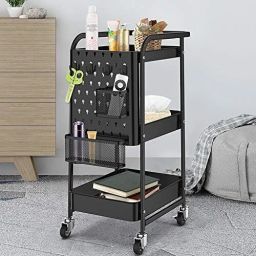 Kitchen Trolley with Wheels 3 Tier Storage 4 Hooks Handle 2 Hanging Baskets Iron Kitchen Trolley-image-121