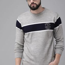 Men Woven Round Neck Grey Sweater-image-1