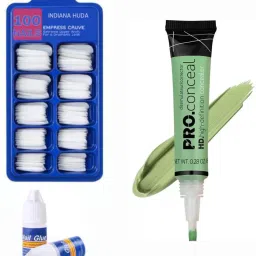 100 Pcs Reusable Acrylic False Nails With Nail Glue & HD PRO CONCEAL Concealer (GREEN CORRECTOR 8Gm)-12