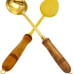 Pure Brass Ladle (Golchi) & Serving Spoon (Chammach) with Wooden Handle Brass Serving Spoon Set-13