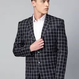 MANQ Men Navy Blue & White Checked Slim Fit Single Breasted Party Blazer-image-76