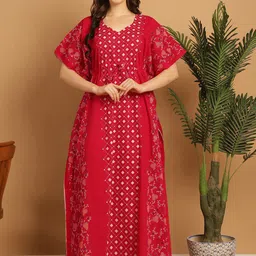 Secret Wish Ethnic Motifs Printed V-Neck Pure Cotton Maxi Kaftan Nightdress-picture-31