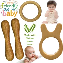 Neem Wood Teethers for Baby Set of 4 | for 3 Months Baby. (Cat Sick Ring) Teether-29