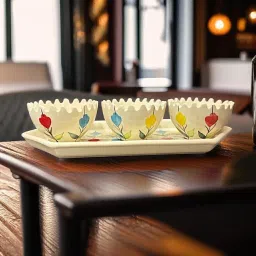 Multicolor Breakfast & Snack Serving Set-4-Piece with 3 Dipping Bowls & 1 Tray Bowl, Tray Serving Set-17