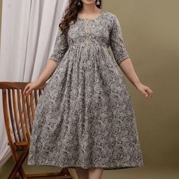 Nevisha Style Ethnic Motifs Printed Round Neck Maternity Cotton Fit and Flare Dress-image-89