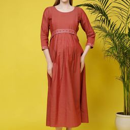 DUMMY SHAPE Self Designed Embroidered Fit & Flare Midi Pure Cotton Maternity Feeding Dress-picture-11