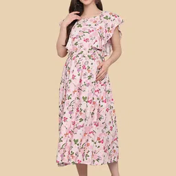 Dream Beauty Fashion Floral Printed Flutter Sleeve Maternity & Feeding Midi Dress-image-6