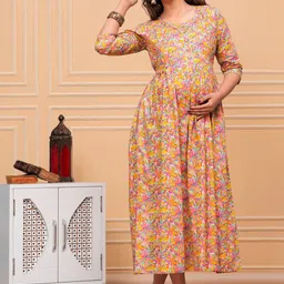 JAIPURFAME Floral Printed Gotta Patti Cotton Maternity Nursing Fit & Flare Ethnic Dress-picture-13
