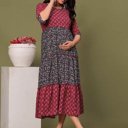 SKY FAB Women Ethnic Motifs Printed Mirror Work Floral Maternity Kurta-image-40