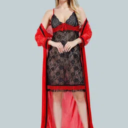 Be You V Neck Floral Self Design Lace Up Details Satin Baby Dolls With Robe-image-16