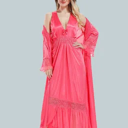 Be You V-Neck Lace Up Details Satin Maxi Nightdress With Robe-image-38