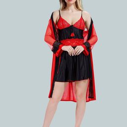 Be You V Neck Lace Up Details Satin Nightdress With Robe-picture-45