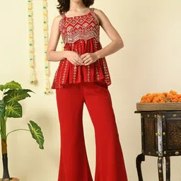 KALINI Ethnic Motifs Embroidered Mirror Work A-Line Top with Palazzos-picture-6