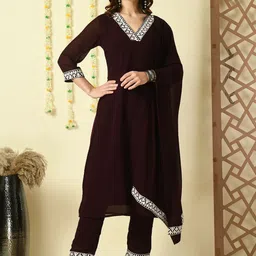 KALINI V-Neck Floral Embroidered Regular Kurta with Trousers & With Dupatta-picture-38