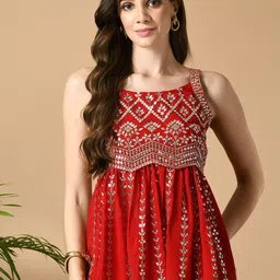 Sangria Red Embroidered Shoulder Straps Ethnic Top With Palazzo-picture-23