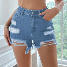 Solid Women Denim Blue Denim Shorts-image-25