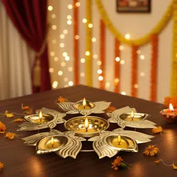 me&you Urli Bowl with Lotus Candle Holders – Perfect for Pooja & Home Decoration Gold Plated Table Diya-picture-8