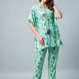 StyleStone Women Green & Blue Printed 2 Piece Kaftan Style Night suit-image-10