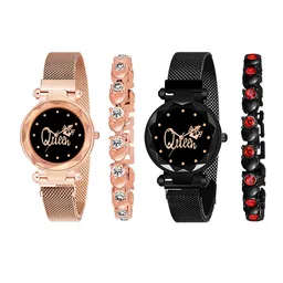 CERO Pack Of 2 Bracelet Style Straps Digital Watch & Bracelet C-Com-4-Queen-Black-Gold-image-48