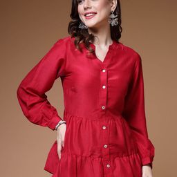 plusS Mandarin Collar Cuffed Sleeves Gathered Detail Peplum Top-17