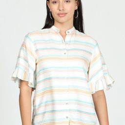 IDK Cream-Coloured & Blue Striped Mandarin Collar Shirt Style Top-image-68