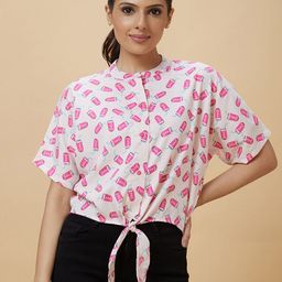 Globus White Conversational Printed Mandarin Collar Waist Tie-Ups Shirt Style Top-picture-3