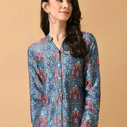 Sangria Ethnic Motifs Printed Satin Shirt Style Top-40