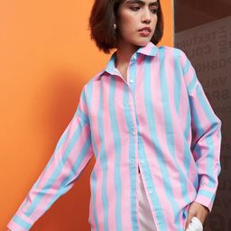 Athena Immutable Pink & Blue Striped Linen Shirt Style Top-image-60