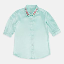 Pantaloons Junior Sea Green Floral Embroidered Cotton Shirt Style Top-picture-3