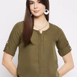 Mayra Notch Neck Roll-Up Short Sleeves Shirt Style Top-image-91