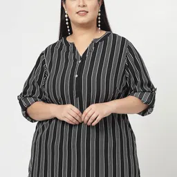 plusS Black Plus Size Vertical Stripes Mandarin Collar Long Sleeves Longline Tops-picture-17